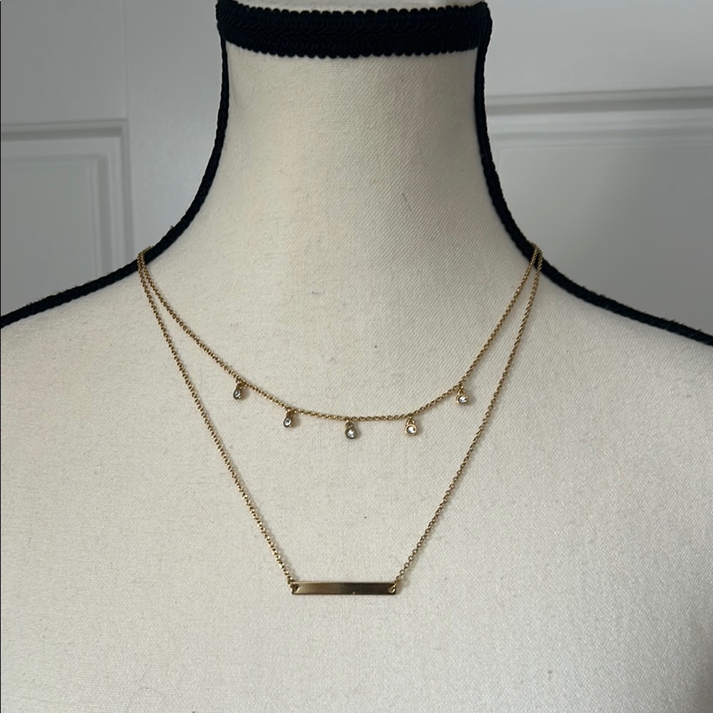 Fosterie Gold Plated Layered Necklace with Rhinestone Charms and Bar Design